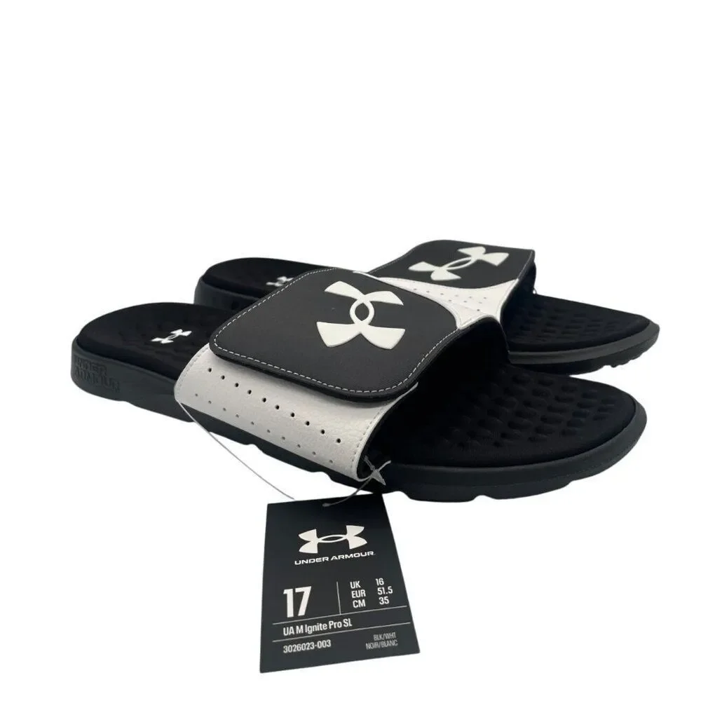 Under Armour Ignite Pro 3026023-003 Mens US 17 Slide Sandals Black White Slip On